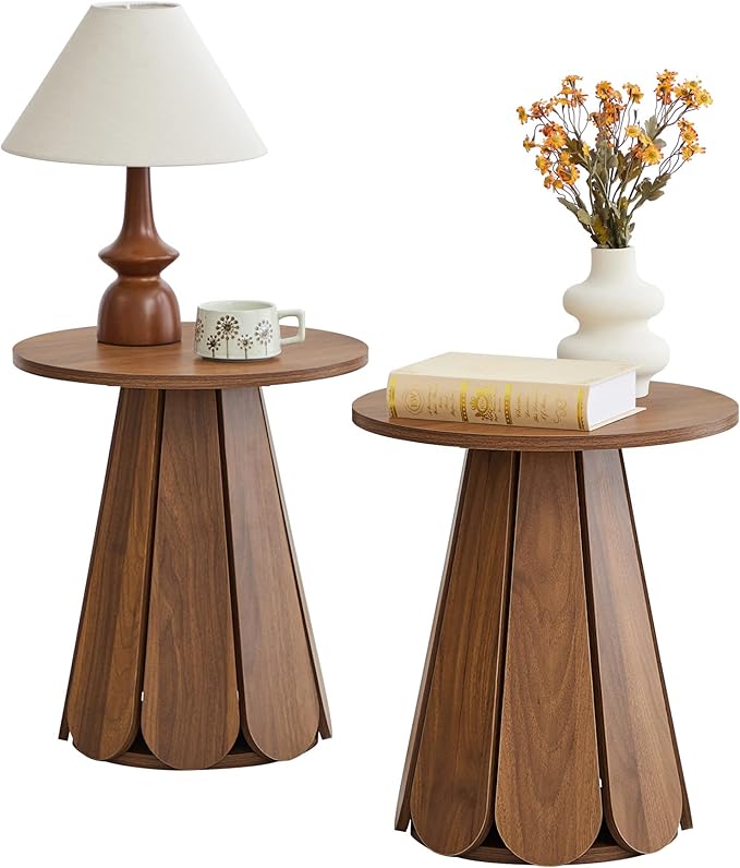 Small Round End Table Nightstand, Mid Century Modern Side Table, Circle Bedside Tables Wood Night Stand for Bedroom, Living Room, Small Space, Walnut