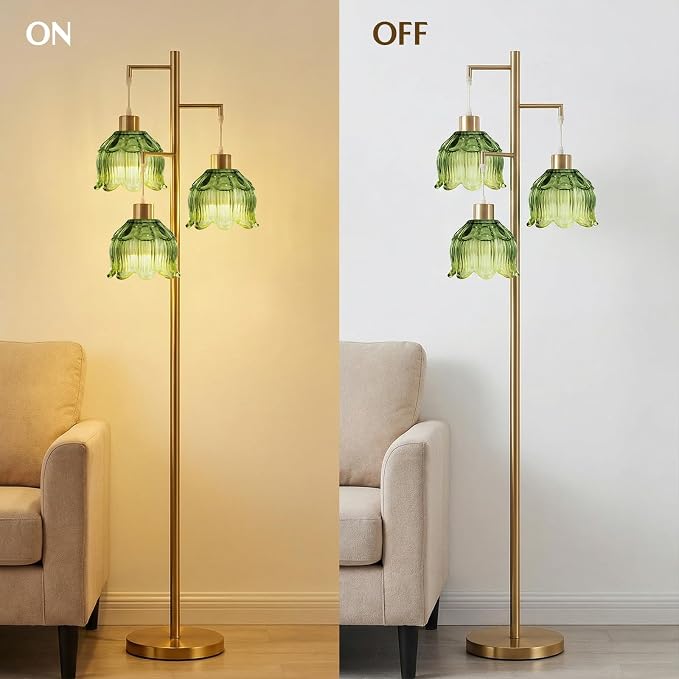 Floor Lamp for Living Room,Bedroom, Vintage 3 Light Standing Lamp Mid Century Modern Gold Tree Tall Floor Lamps Retro Floor Lights Green Glass Flower Lamp Shade Farmhouse Boho Bohemian