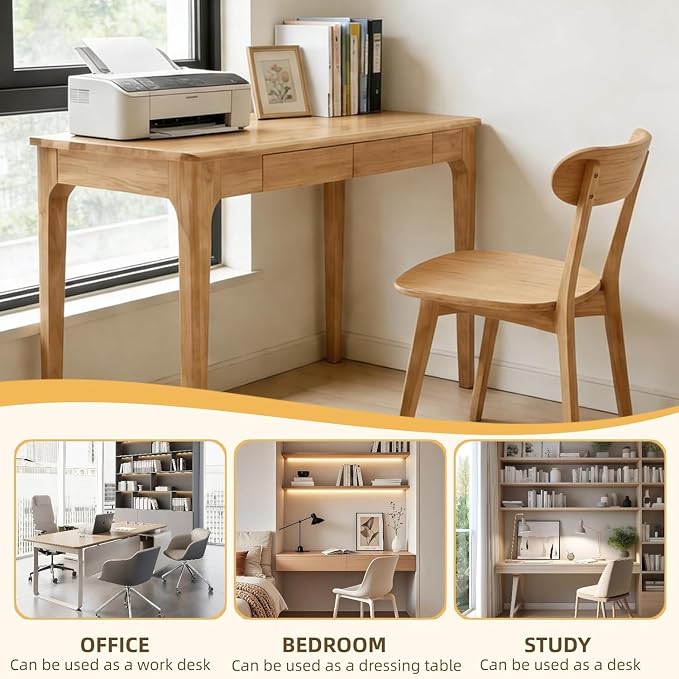 Solid Wooden Desk with Drawers, Small Writing Desk with Drawers for Computer, PC Desk for Work, Study or Gaming, Easy to Assemble (Natural, 31.5IN)