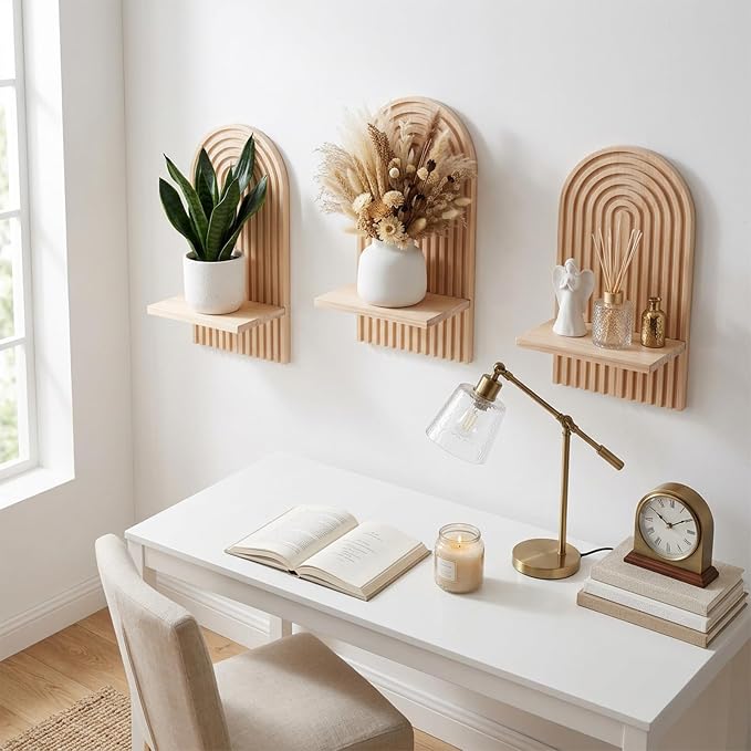 3 Pack Boho Wall Decor Set, 7” x 4.5” x 13.8” Natural Solid Wood Arch Wall Shelves, Mid-Century Modern 3D Hanging Shelves for Living Room, Bedroom, Bathroom, Farmhouse Candle Holder & Display