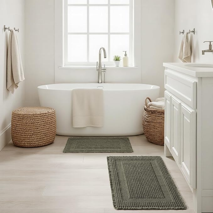 MIULEE Set of 2 Waffle Bathroom Rugs, Boho Bath Rug Super Absorbent, Non Slip Washable Ultra Soft Rubber Backed Shower Bath Mats for Floor, Tub, Shower, Looped Design, Green, 24x36 Inch