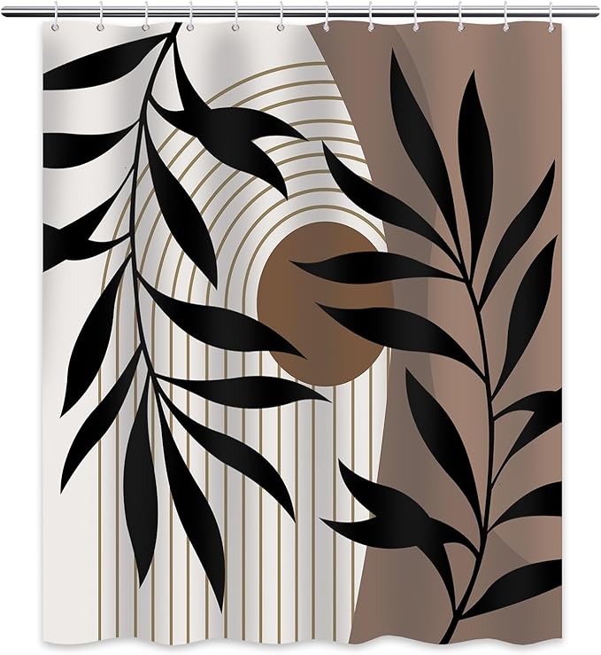 Brown Shower Curtain Boho Mid Century Dark Brown Shower Curtains for Bathroom Decor, Black and Tan Waterproof Cloth Fabric with Hooks, 70" W x 72" L