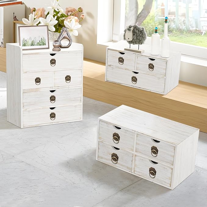 Wood Desk Organizer, White Wooden Desktop Organizer with Drawer, Tabletop Storage Organization Box for Countertop, Home Office Supplies Bills, 13.5x6.6x7.09 Inch(4 Drawer)