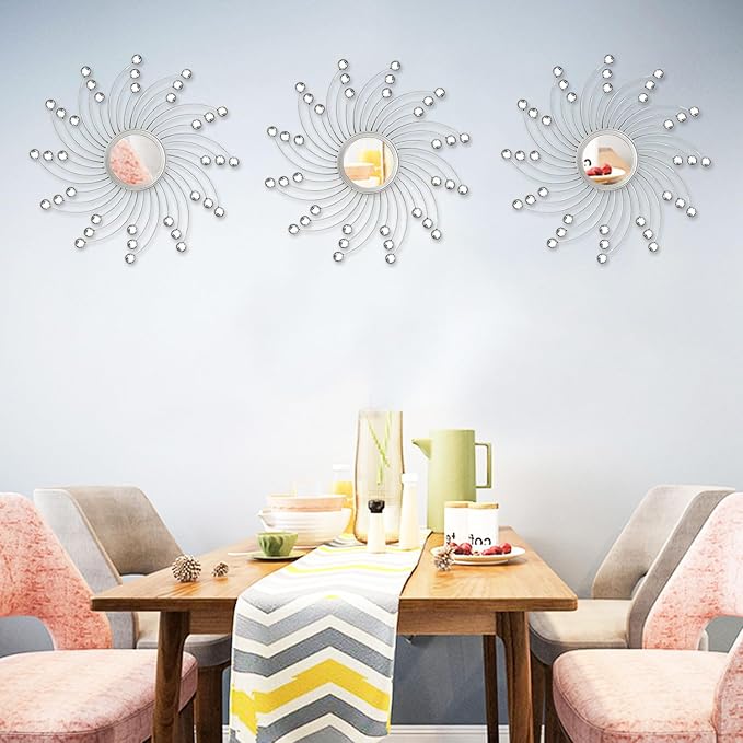 Uaussi 3 Pack Crystal Sunburst Wall Mirror Décor Rhinestone Mirrors Decorative Home Wall Art for Living Room Bedroom Entryway(Curle Burst Silver)