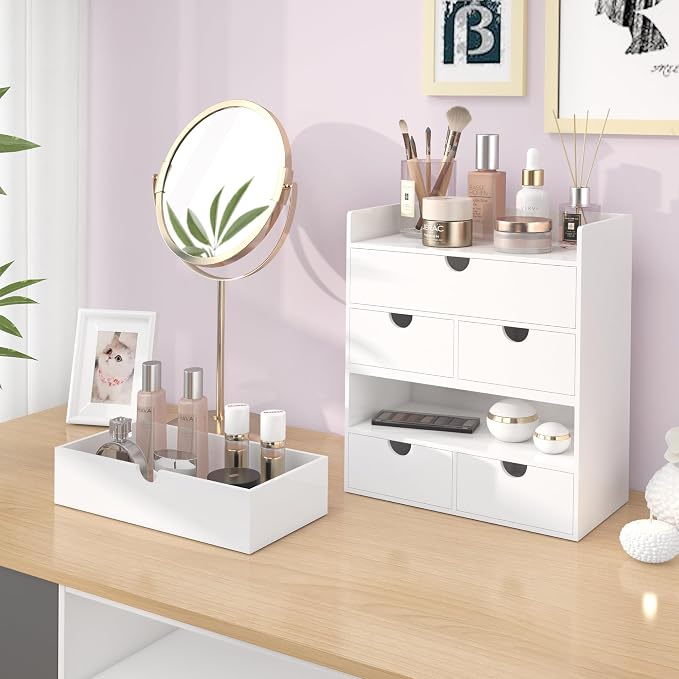 Bamboo Desk Organizer with Drawers Desktop Storage Drawers for Bills Office Supplies Kitchen Utensils Organizing Tool for Home Classroom Organization No Assembly (White with Shelf)