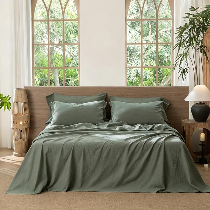 MooMee Bedding Sheet Set 6Pcs 100% Washed Cotton Linen Like Textured Breathable Durable Soft Comfy (Heathered Green, Queen)