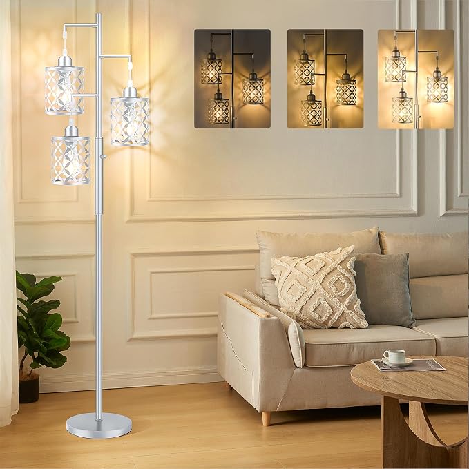 Dimmable Floor Lamp, Farmhouse Standing Lamp with Elegant Metal Cage, Industrial Tall Tree Floor Lamps for Living Room, Bedroom, Study Room, Office, 3 x 800LM LED Bulbs Included, 72",Silver