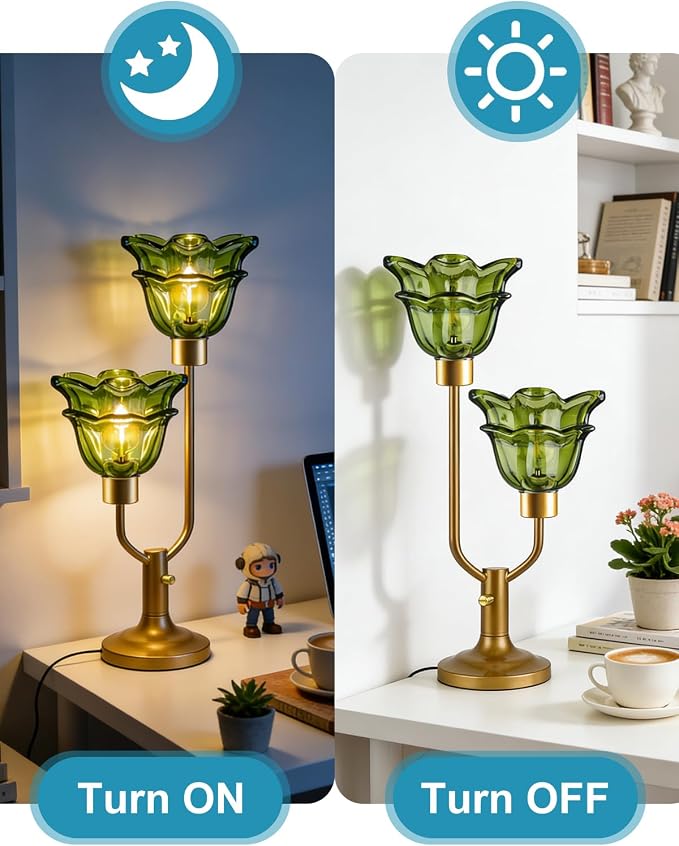Lightdot Green Glass Flower Table Lamp Dimmable Nightstand Lamp Mid Century Modern Vintage Gold Desk Lamp 2 Bulbs Included Warmwhite Ambient Bedside Lamp for Living Room Bedroom Home Office Decor Gift