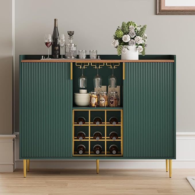 ARTPOWER 48" Wine Bar Cabinet with Fluted Texture, Modern Buffet Sideboard with Wine Rack and Glass Holder, Liquor Coffee Station with Storage for Kitchen, Living Room, Home Bar, Green