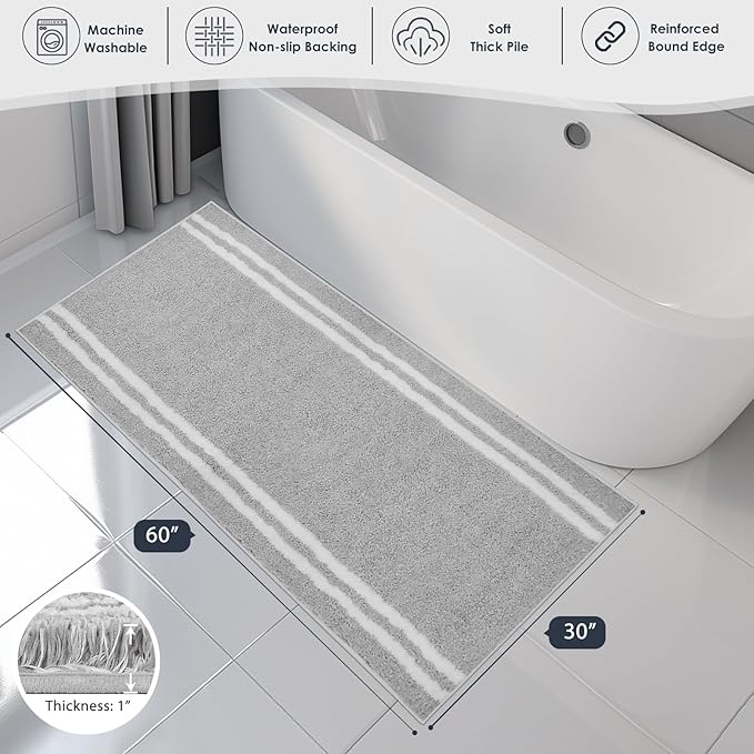 PURRUGS Bathroom Rug Non-Slip Machine Washable 30" x 60", Super Absorbent and Quick Dry Shaggy Microfiber Bath Mat, Extra Soft and Plush Bath Rug for Bathtub, Shower, and Sink, Light Grey
