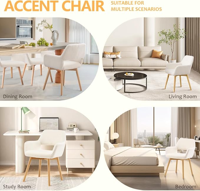 Mid Century Modern Dining Chairs Set of 2 & 4 & 6 Comfy Accent Chair Upholstered Kitchen Dining Living Room Chairs for Bedrooms Waiting Room Home Arm Desk Chair No Wheels (Wool White, 2)