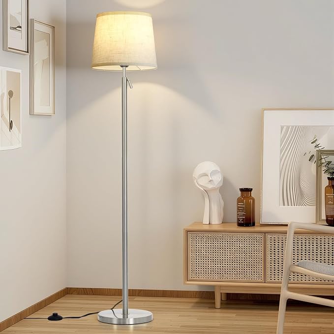 Modern Floor Lamp for Living Room and Bedroom- 55"-67" Height Adjustable Standing Lamps with Dimmable LED Bulb and Remote Control-Bright Tall Stand Light with Shade for Corner Lighting (Silver)