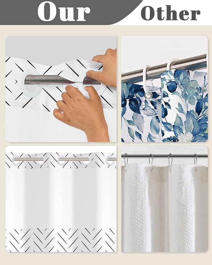 No Hook Shower Curtain and Liner Set, Black and White Herringbone Print Double Layer Waterproof Fabric Bath Tub Curtain for Modern Minimalist Bathroom Decor, See Through Top, 71x74 Inch