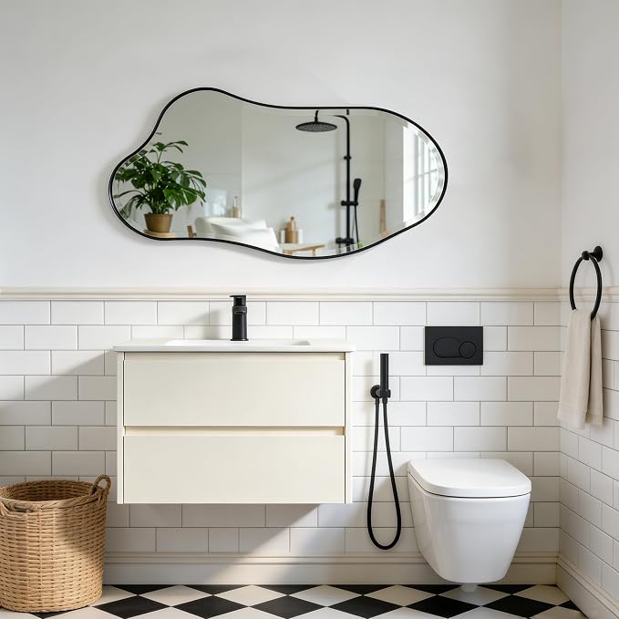 POZINO Irregular Beveled Mirror, 40"x20" Asymmetrical Vanity Wall Mirror with Black Metal Frame, Organic Shape Mirrors for Entryway Bathroom Bedroom Hallway Living Room, Horizontal/Vertical Hanging