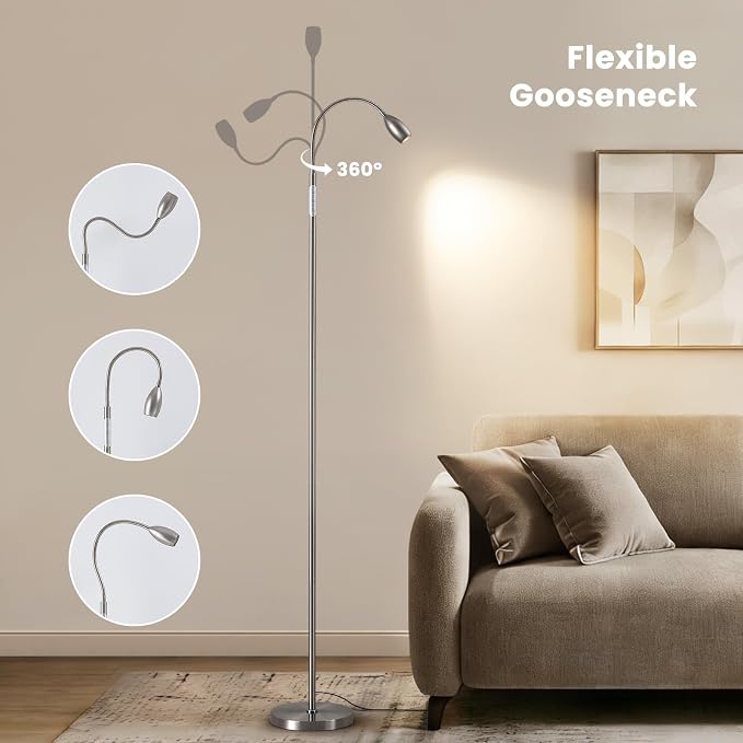 Reading Floor Lamp, Dimmable LED Floor Lamp with Remote, Standing Lamp with Flexible Gooseneck, Zoomable Spotlight, Reading Light, Task Crafting Tall Lamps for Living Room Office Bedroom(Nickel)