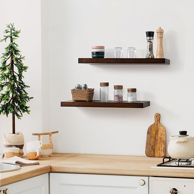 Fun Memories Farmhouse Floating Shelves - 8 Inch Deep Rustic Wood Wall Shelf - Premium Solid Wood Storage Shelf for Kitchen Living Room Bedroom - 24" W x 8" D - Set of 2 - American Walnut Color