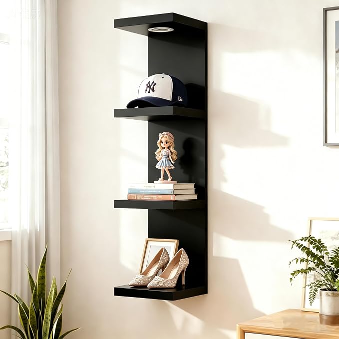 4 Tier Wall Shelf Unit Black Floating Shelves with LED Lights,Lack Wall Shelf,Versatile Floating Shelves for Home Decor Organizer Books Decor