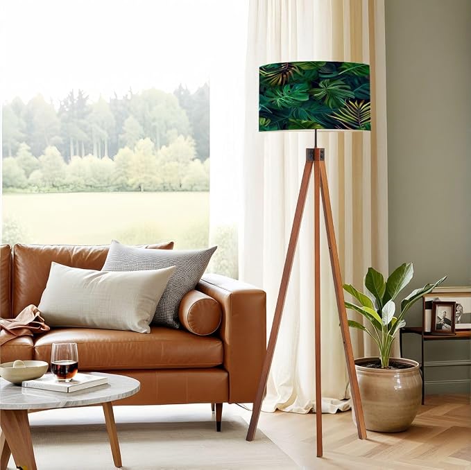 Wood Tripod Floor Lamp Seamless pattern exotic tropical plants modern style Trendy jungle Mid Century Standing Lamp Linen Shade Dimmable Modern Tall lamp Home Decor for Living Room Bedroom Office