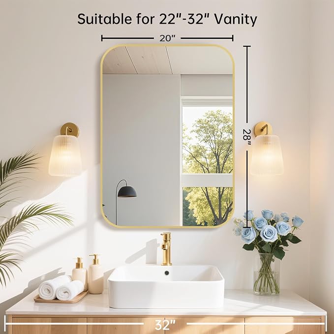 20x28 Inch Gold Bathroom Mirror, Brushed Brass Gold Metal Framed Rectangular Mirror with Rounded Corner, Bathroom Vanity Mirror for Bedroom or Living Room, Horizontal/Vertical