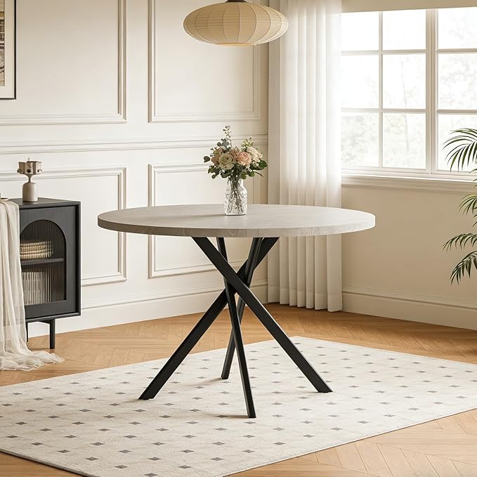 44" Round Dining Table for 4, Modern Mid-Century Dining Kitchen Table of 4, Cozy Dinette Round Table with Metal Leg for Kitchen Dining Room Apartment, Gray