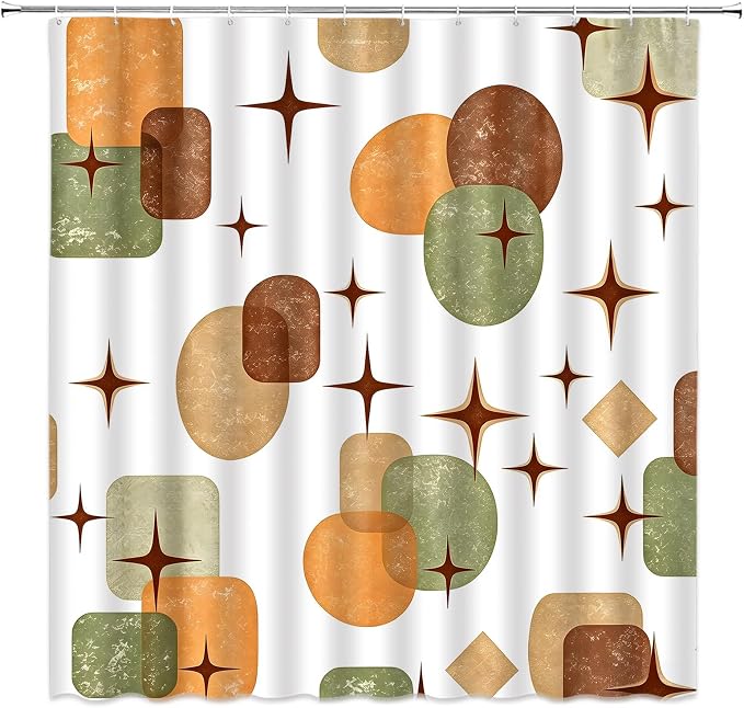 Boho Mid Century Shower Curtain Retro Abstract Geometric Shapes with Starburst Sage Green Beige and Terracotta Fabric Bath Curtain Polyester Bathroom Decor with Hooks (72"X78")