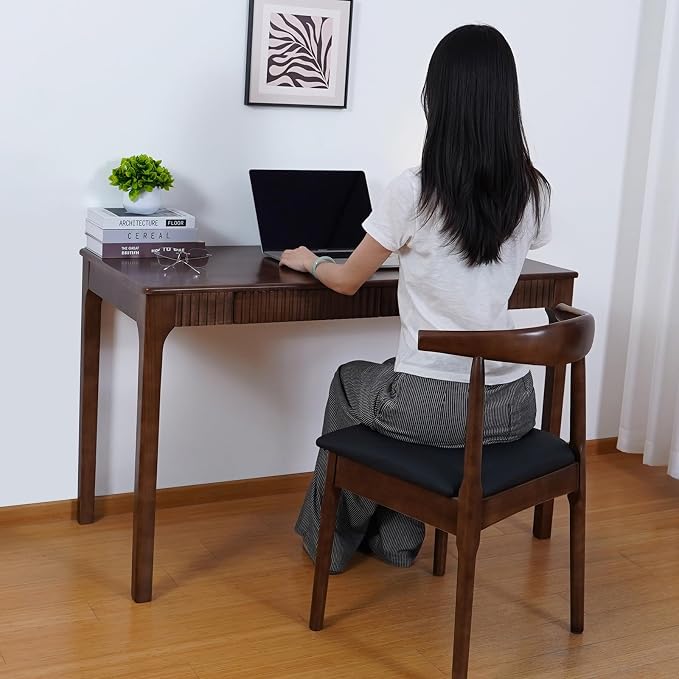 Solid Wood Desk with Drawer, Small Writing Desk for Small Spaces,Gaming Study Home Office Workbench woodenDesks for Work, 47 inch Wooden Computer Desk for Bedroom Walnut Color