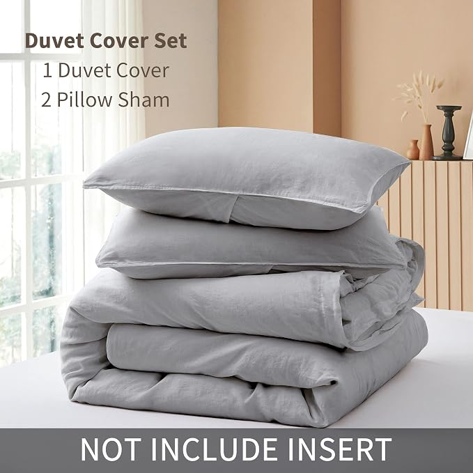 ATLINIA 100% Flax Linen Duvet Cover Set - Stone Washed Pure French Linen Organic Fabric for Farmhouse Comforter Boho Bedding Included 1 Duvet Cover 2 Pillow Shams(Light Grey, Queen)