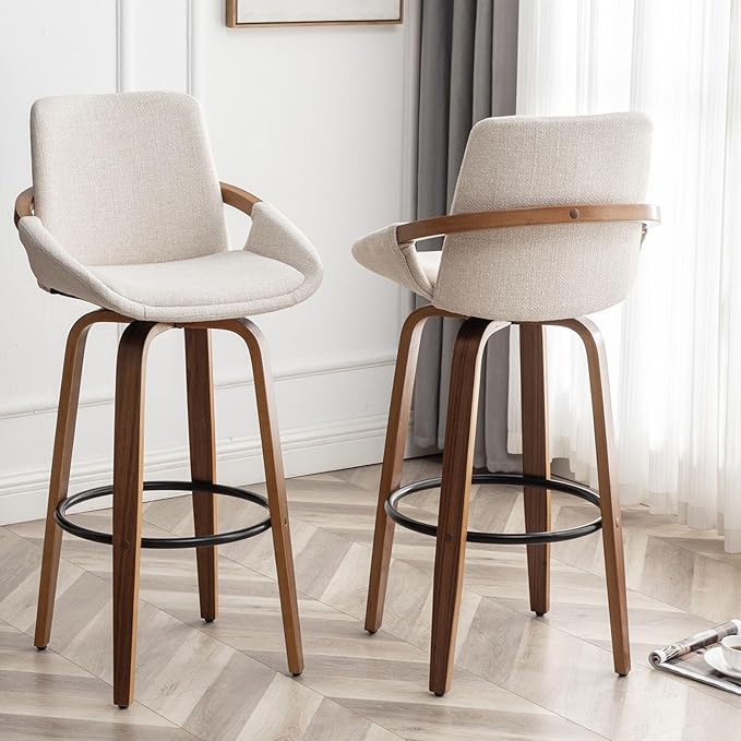 LUNLING 25.6" Counter Height Barstools Set of 2 Mid Century Modern Retro Bar Chairs Charcoal Beige Linen Look Fabric Upholstered and Walnut Wood Frame for Home Bar Furniture,Beige
