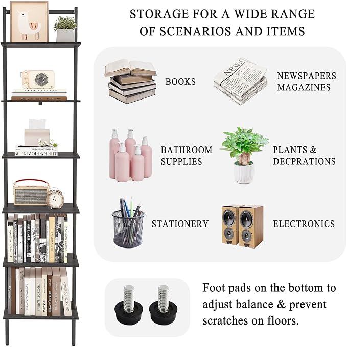 6-Tier Ladder Shelf, 77 Inches Wall Mounted Ladder Bookshelf with Metal Frame, Wood Tall Open Storage Rack and Display Shelves for Home Office Bedroom Living Room, Black