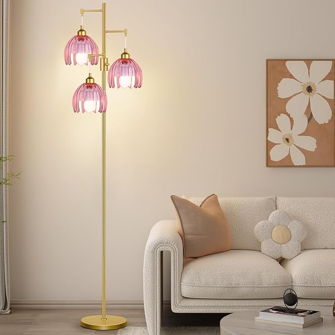 ZECOXOL Gold Floor Lamps for Living Room Vintage Pink Floor Lamp with Glass Lmapshape & Three Led Bulb,Dimmable Mid Century Modern Standing Lamp Tall Tree Flower Floor Lamps for Bedroom,Office,Corner