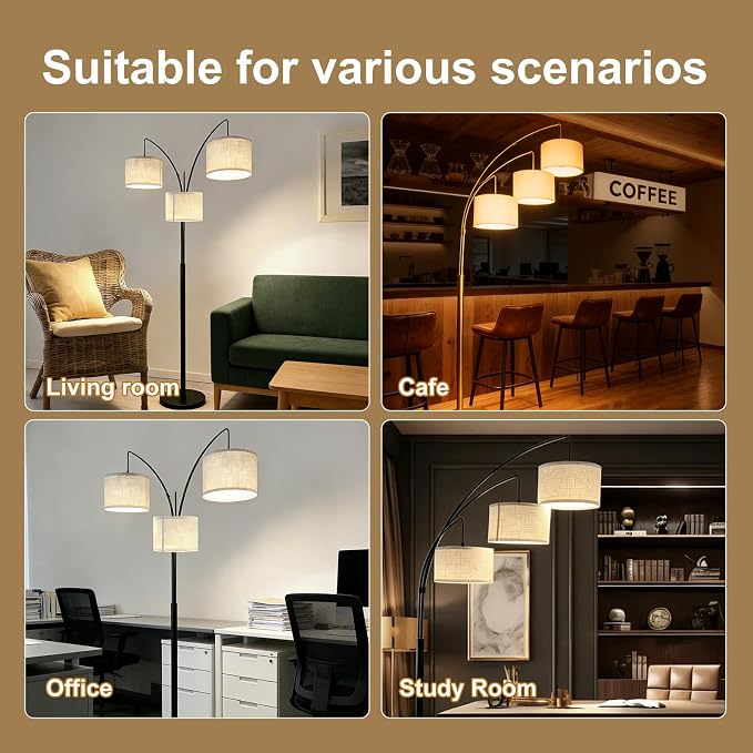 Dimmable Arc Floor Lamp, 3 Lights Floor Lamps for Living Room, 1500LM Rotary Switch Modern Tall Standing Lamp with Beige Shades & Heavy Base, Mid Century Tree Floor Lamp for Bedroom Office