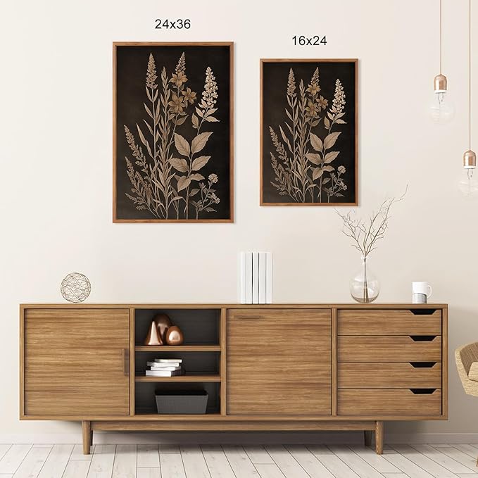 HLNIUC Vintage Botanical Fern Framed Canvas Wall Art Set,Black and Tan Plant Leaves Wall Decor,Modern Farmhouse Art Print,Neutral Minimalist Herb Floral Wall Painting for Living Room,Office - 24”x36”3