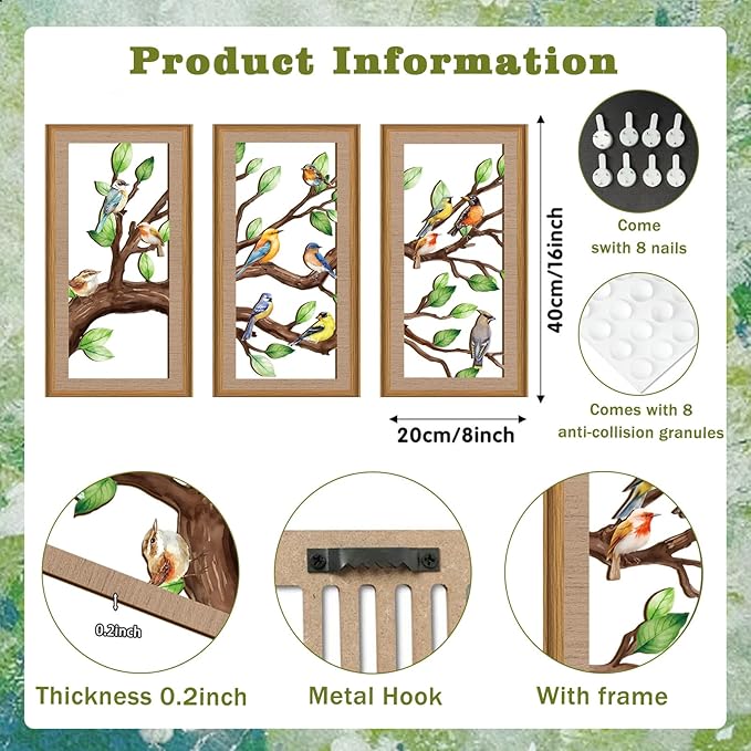 Ausril 3 Pcs Birds Tree Branch Wall Decor,Nature Tree of Life Wall Art,Green Leaves with Bird Wall Art,Branch Birds Silhouette Sculpture,Spring Tree Sign Wood Framed for Home Living Room Bedroom
