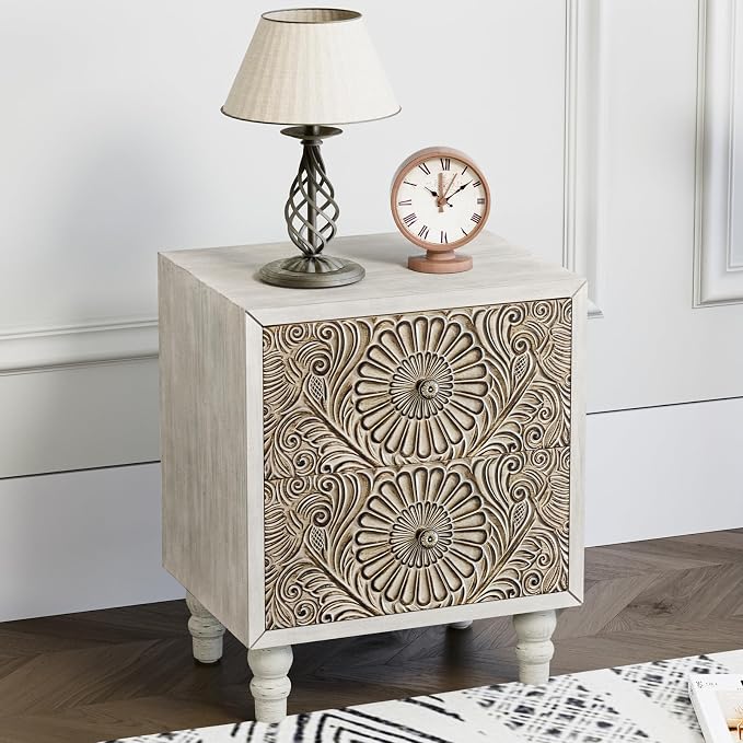HOMPUS Fully Assembled Nightstand Set 2, 2-Drawer Farmhouse Nightstand Set of 2, Wood Bedside Table with 2 Drawers, Vintage Accent End Table for Living Room, Bedroom, Distress White
