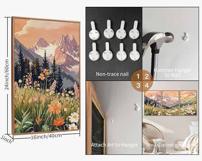 SIGNINART Vintage Floral Framed Canvas Wall Art Set, Large Mountains Nature Landscape Wall Decor, Bohemian Wildflower Forest Artwork, Pink Ridge Art Printing for Living Room Bedroom Office 16"x24"x3