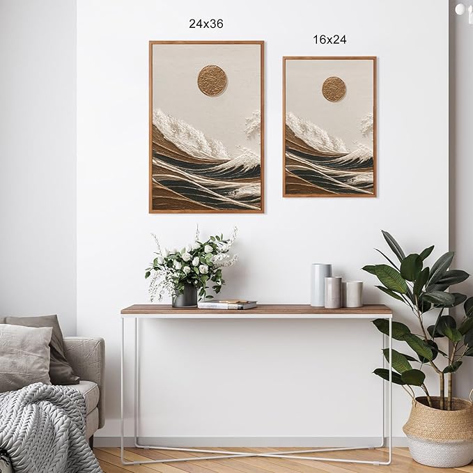 HLNIUC Great Wave Sunset Framed Canvas Wall Art,Abstract Sun Seascape Art Decor Set of 3(24”x36”) Modern Ocean Beach Art Print,Large Sea Wave Pictures Framed Wall Painting for Living Room,Bedroom