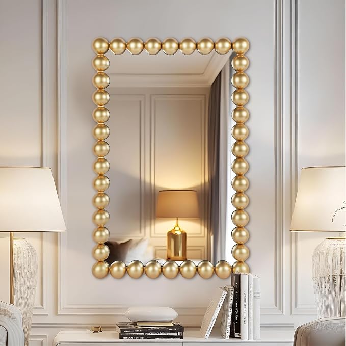Decorative Beaded Wall Mirror – Modern Rectangular Accent Mirror, 20″x30″, for Living Room, Bedroom, Bathroom, Entryway & Office – Available in Gold, Black, & White (Gold)