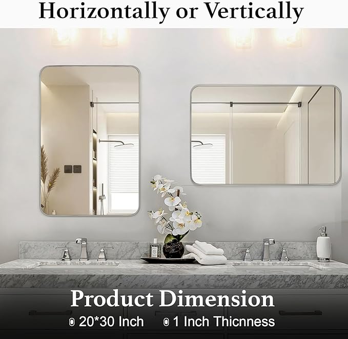Bathroom Mirror Brushed Nickel, 20 x 30 Inch Metal Frame Rectangle Mirror Rounded Silver Modern Vanity Mirror Anti-Rust for Bathroom, Farmhouse Wall Mounted Vertically/Horizontally