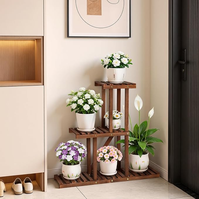 3 Tiered Narrow Wooden Indoor Plant Stand Shelf for Multiple Plants, Corner Flower Stand Shelf Outdoor , House Floor Plant Holder Rack for Living Room Balcony Patio Garden Office,Rustic,Space Saver