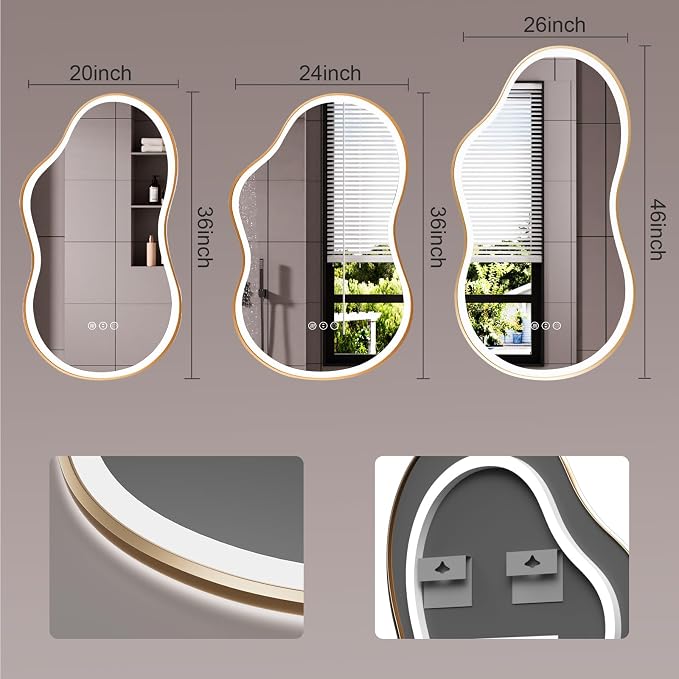 WTTY LED Irregular Bathroom Mirror 24x36 Inch with Front & Back Lights - Asymmetrical Design, Anti-Fog, Dimmable 3 Color Temperatures, Shatterproof Glass, Horizontal or Vertical Mount (Gold Frame)