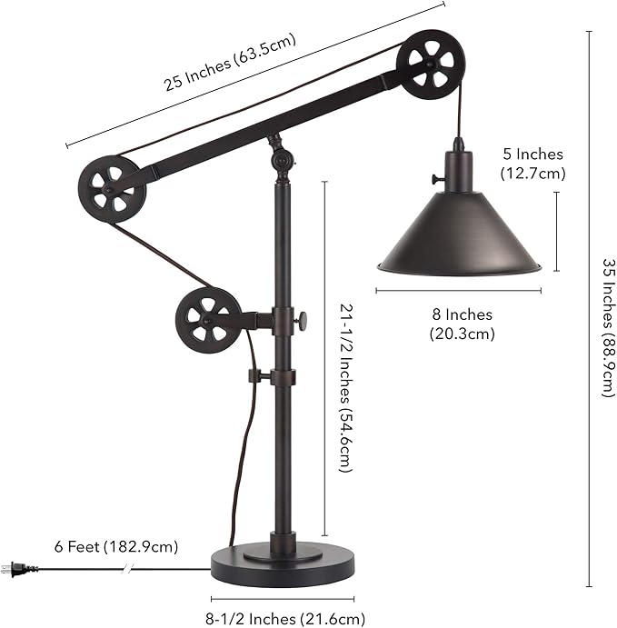 Henn&Hart 29" Mid-Century Modern Pully System 1-Light Table Lamp with 8" Black Metal Cone Shade for Living Room, Bedroom, or Office, Black