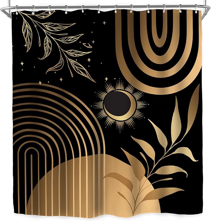 Miyotaa Black Abstract Modern Shower Curtain Set 60Wx71H Inches Minimalist Geometric Plant Leaves Metallic Gold (No Glitter) Polyester Waterproof Cloth Bathroom Curtain with 12 Hooks