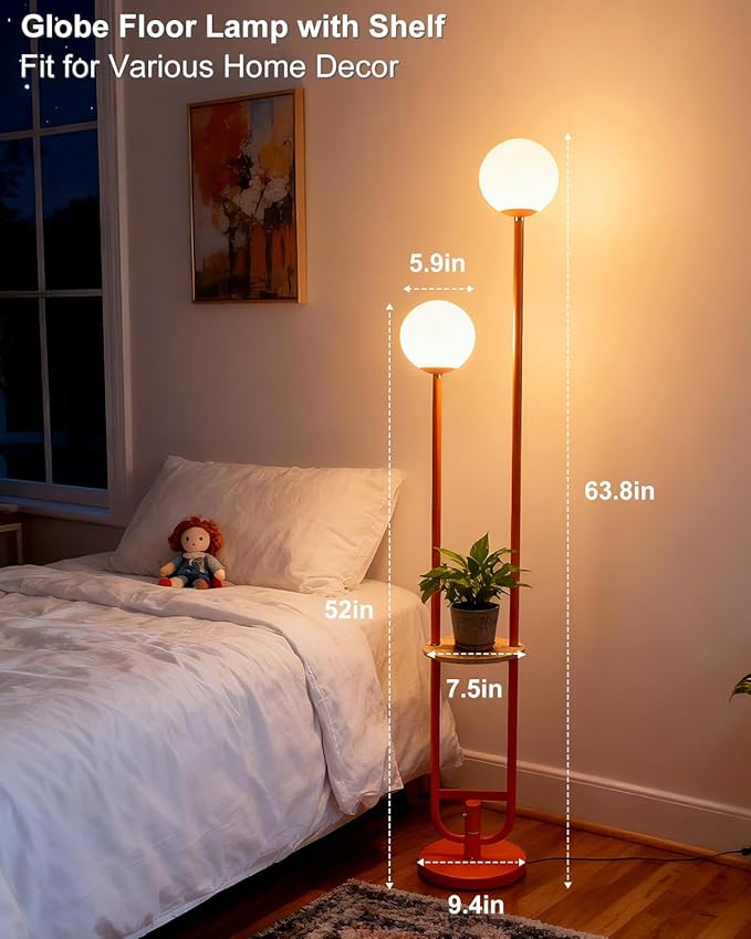 Lightdot 63IN Orange Floor Lamp with U Pole, 2 Globe Mid Century Standing Lamps with Bulbs Included, Unique Vintage Dimmable Tall Floor Lamp for Living Room/Wedding/Party/Sofa Beside/Corner Decor