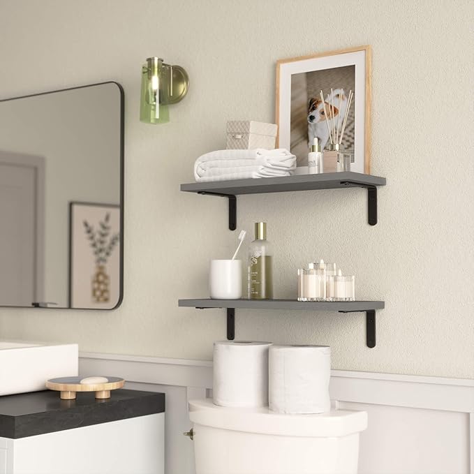 RICHER HOUSE Rustic Wood Bathroom Shelves Set of 2, Farmhouse Style Floating Shelf for Wall Décor, Hanging Shelves for Bedroom, Storage, Kitchen, Living Room - Grey