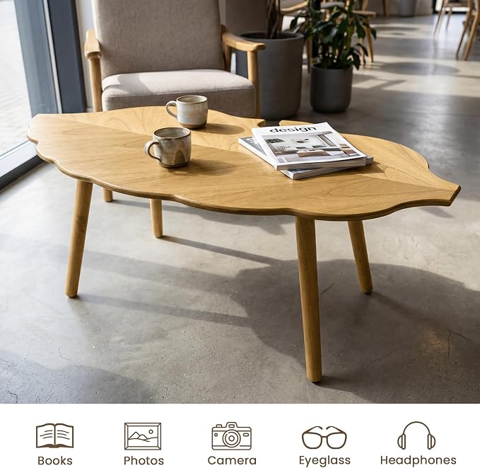 DUOMAY Mid-Century Modern Small Coffee Table, Solid Leaf-Shaped Wood Coffee Table for Living Room, Easy Assembly Center Table End Table with Wood Leg, Side Table for Bedroom Small Space, Natural