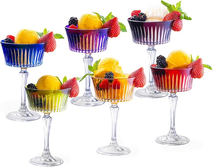 Barski Colored Champagne Coupe Glasses - Assorted Colors - Cocktail Coupe Glass, Stemmed Martini Glassware, Can be used for Dessert, Ice Cream - Set of 6 - Gift Ready - 8.7 oz., Made in Europe