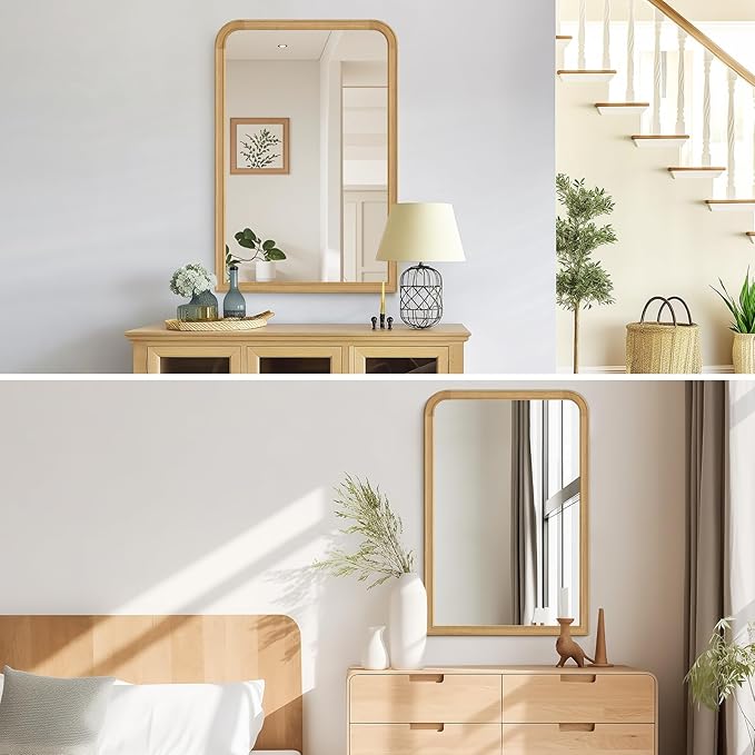 HOMECOOKIN 24" x 36" Wood Framed Mirror Bathroom Mirrors for Wall, Natural Arched Wood Bathroom Vanity Mirror for Entryway, Living Room or Bedroom Home Decor