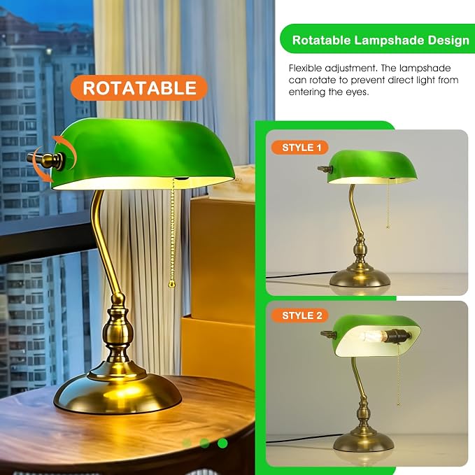 Classic Banker's Desk Lamp, Green Glass Shade, Antique Brass Base, Pull Cord Switch, Vintage Style