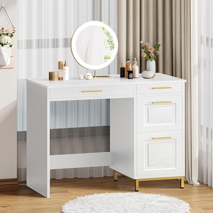 4 EVER WINNER White Desk with Drawers and Golden Handles, 43" Home Office Desks with Drawers, Computer Wrighting Table with Storage for Bedroom, White and Gold Desk