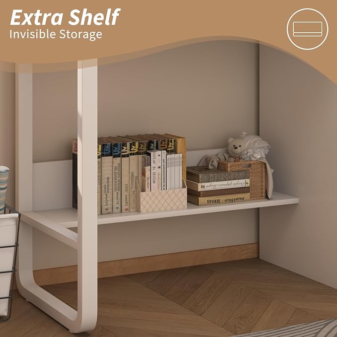 MaverickFurni White Desk with Drawers, 47 Inch Computer Desk with 3 Drawers for Bedroom, Study Desk with Drawers for Small Spaces, Bottom Shelves